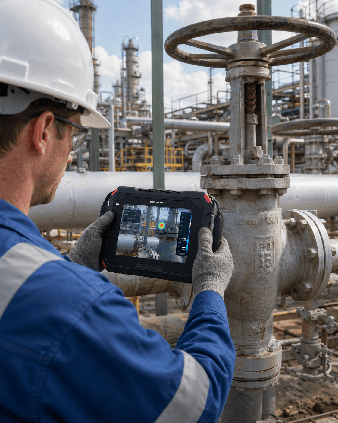 Operator met akoestische camera (Crysound) inspecteert een industriele leiding in een petrochemische omgeving
