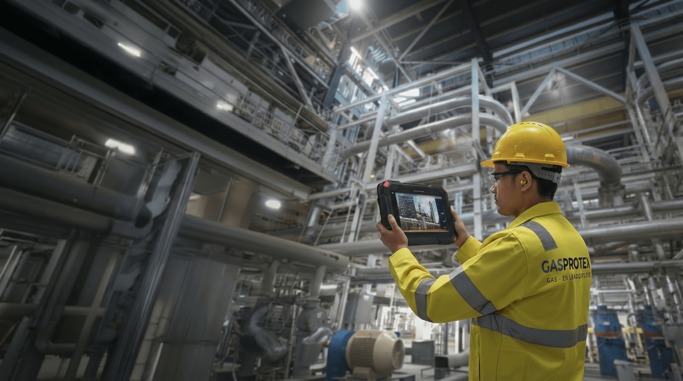 GasProtex technicus met tablet in industriële installatie