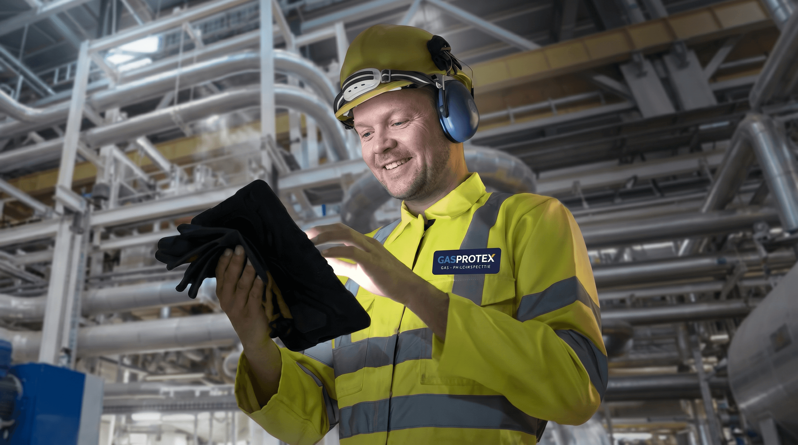 GasProtex technicus voert akoestische lekdetectie uit in industriële omgeving